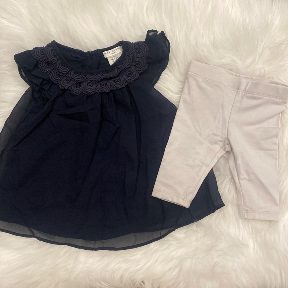 NWOT Navy blouse and light gray pants. 0-3m